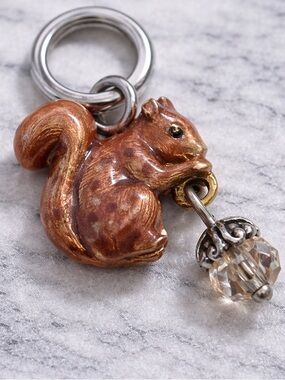 Vintage Squirrel Charm Brown Enamel Crystal Dangle Gold Tone Cute